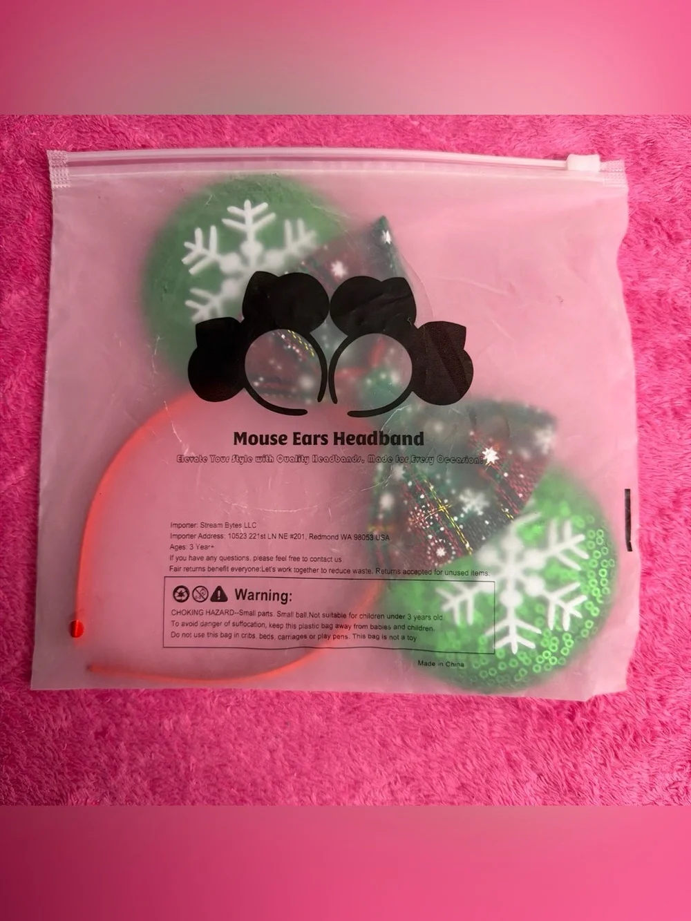 Holiday Sequin Mouse Ear Headband with Plaid Bow - Green & Red